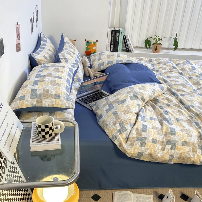 91家纺网 家纺一手货源 找家纺 雅阁尔家纺2025新款无印良品风棋盘格贴标四件套 魔方格