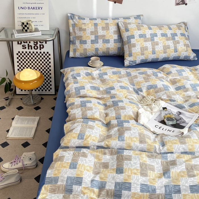 91家纺网 家纺一手货源 找家纺 雅阁尔家纺2025新款无印良品风棋盘格贴标四件套 魔方格