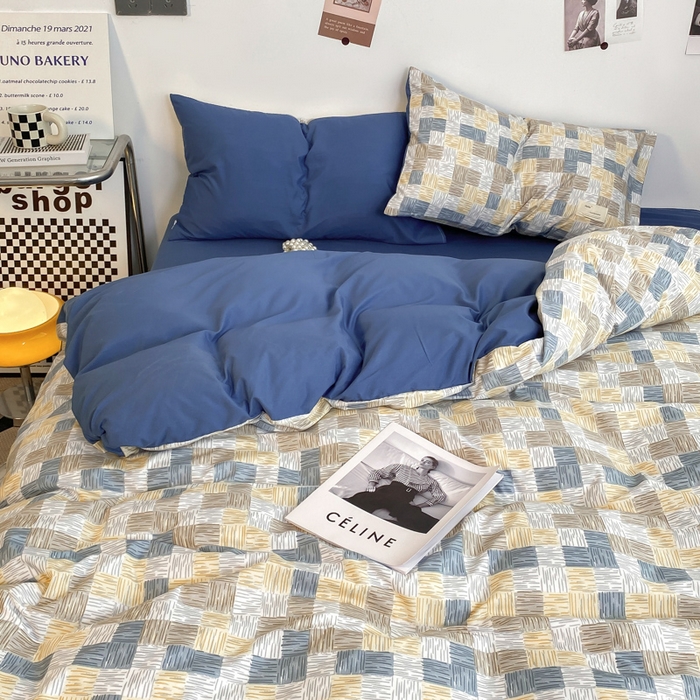 91家纺网 家纺一手货源 找家纺 雅阁尔家纺2025新款无印良品风棋盘格贴标四件套 魔方格