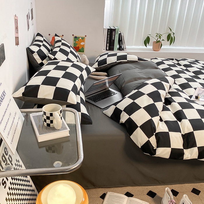 91家纺网 家纺一手货源 找家纺 雅阁尔家纺2025新款无印良品风棋盘格贴标四件套 棋盘格-黑