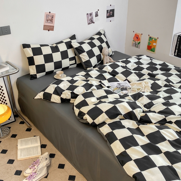 91家纺网 家纺一手货源 找家纺 雅阁尔家纺2025新款无印良品风棋盘格贴标四件套 棋盘格-黑