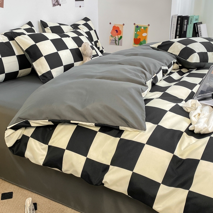 91家纺网 家纺一手货源 找家纺 雅阁尔家纺2025新款无印良品风棋盘格贴标四件套 棋盘格-黑