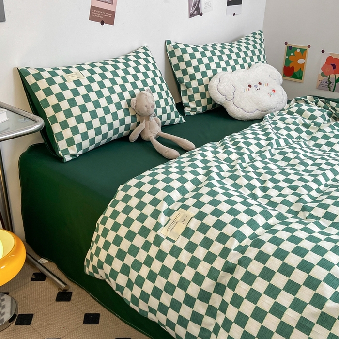 91家纺网 家纺一手货源 找家纺 雅阁尔家纺2025新款无印良品风棋盘格贴标四件套 棋盘格-绿