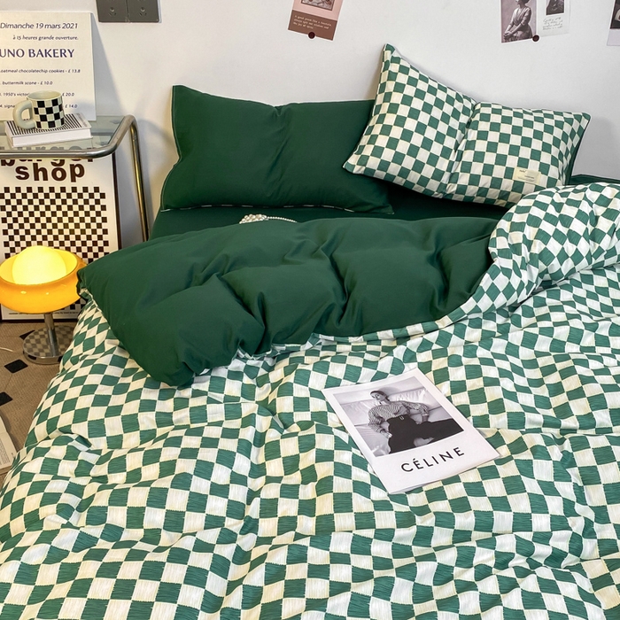 91家纺网 家纺一手货源 找家纺 雅阁尔家纺2025新款无印良品风棋盘格贴标四件套 棋盘格-绿