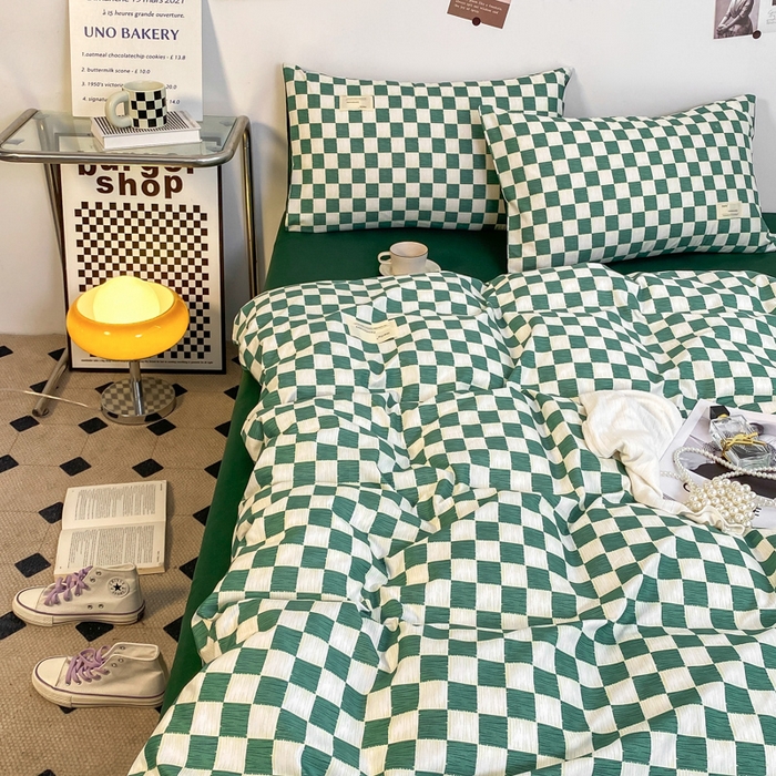 91家纺网 家纺一手货源 找家纺 雅阁尔家纺2025新款无印良品风棋盘格贴标四件套 棋盘格-绿