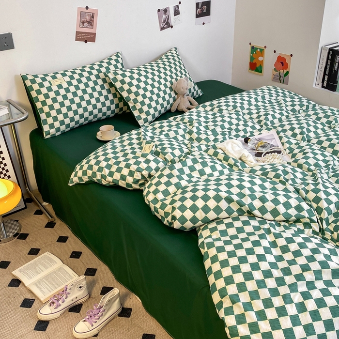 91家纺网 家纺一手货源 找家纺 雅阁尔家纺2025新款无印良品风棋盘格贴标四件套 棋盘格-绿