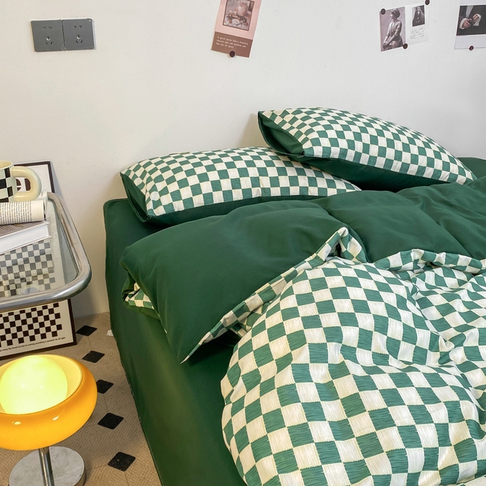 91家纺网 家纺一手货源 找家纺 雅阁尔家纺2025新款无印良品风棋盘格贴标四件套 棋盘格-绿