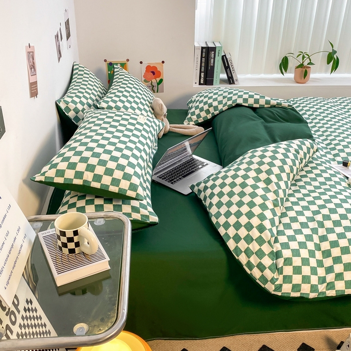 91家纺网 家纺一手货源 找家纺 雅阁尔家纺2025新款无印良品风棋盘格贴标四件套 棋盘格-绿