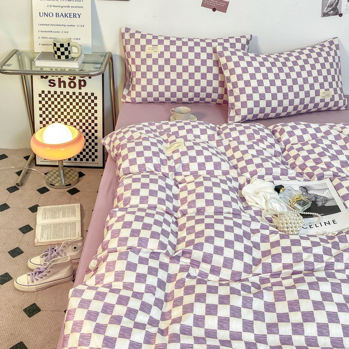 91家纺网 家纺一手货源 找家纺 雅阁尔家纺2025新款无印良品风棋盘格贴标四件套 棋盘格-紫