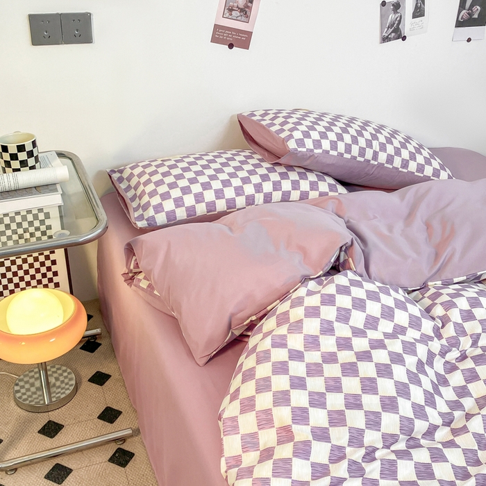 91家纺网 家纺一手货源 找家纺 雅阁尔家纺2025新款无印良品风棋盘格贴标四件套 棋盘格-紫