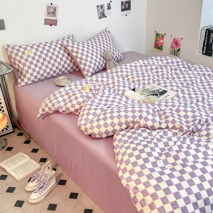 91家纺网 家纺一手货源 找家纺 雅阁尔家纺2025新款无印良品风棋盘格贴标四件套 棋盘格-紫