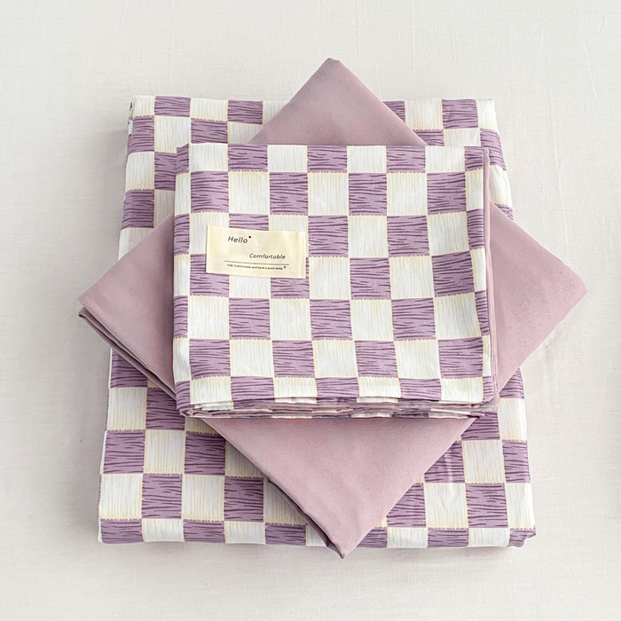 91家纺网 家纺一手货源 找家纺 雅阁尔家纺2025新款无印良品风棋盘格贴标四件套 棋盘格-紫