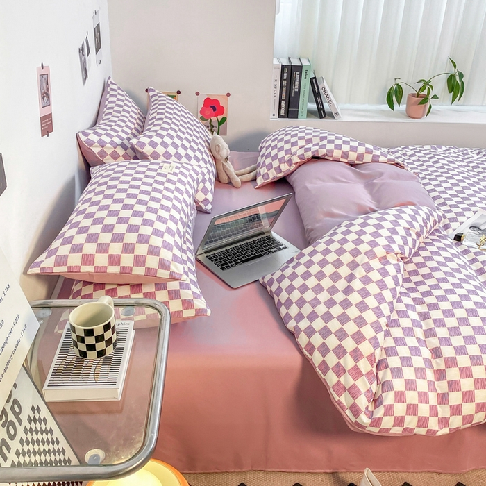 91家纺网 家纺一手货源 找家纺 雅阁尔家纺2025新款无印良品风棋盘格贴标四件套 棋盘格-紫