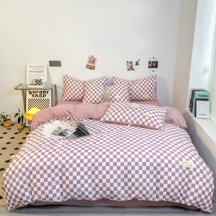 91家纺网 家纺一手货源 找家纺 雅阁尔家纺2025新款无印良品风棋盘格贴标四件套 棋盘格-紫