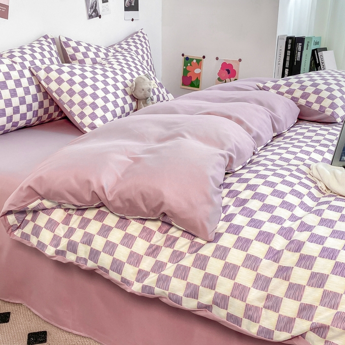 雅阁尔家纺2025新款无印良品风棋盘格贴标四件套 棋盘格-紫