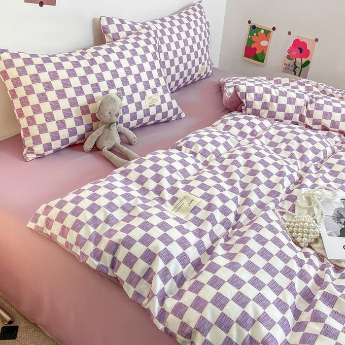 91家纺网 家纺一手货源 找家纺 雅阁尔家纺2025新款无印良品风棋盘格贴标四件套 棋盘格-紫