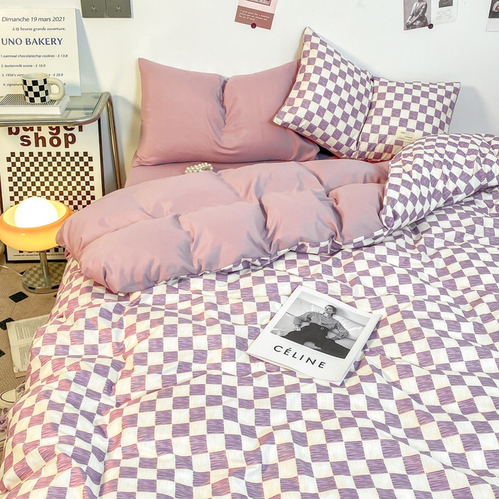 91家纺网 家纺一手货源 找家纺 雅阁尔家纺2025新款无印良品风棋盘格贴标四件套 棋盘格-紫