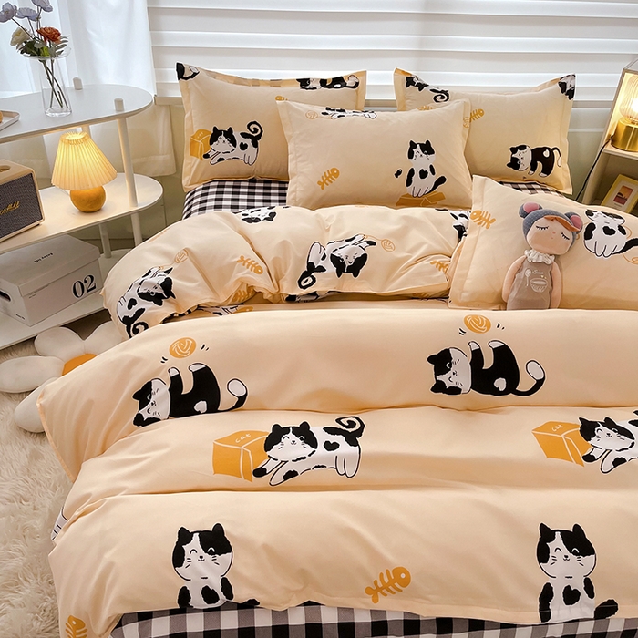 91家纺网 家纺一手货源 找家纺 港岛妹妹 2025年春夏新款芦荟棉印花四件套 奶牛猫