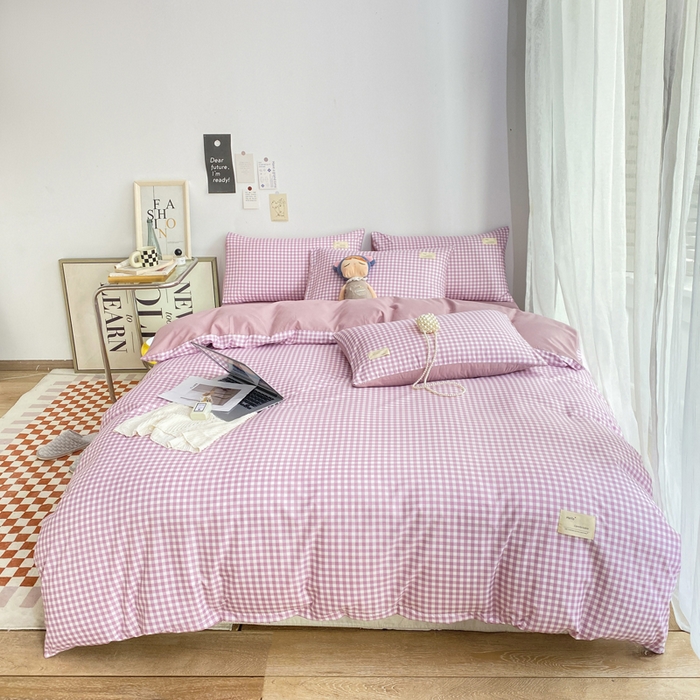 91家纺网 家纺一手货源 找家纺 雅阁尔家纺2025新款无印良品风棋盘格贴标四件套 紫小格