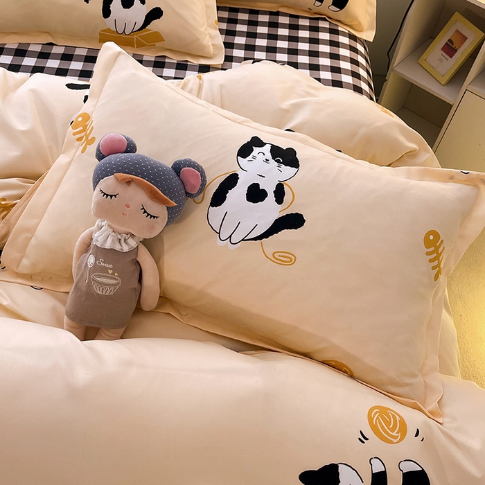 91家纺网 家纺一手货源 找家纺 港岛妹妹 2025年春夏新款芦荟棉印花四件套 奶牛猫