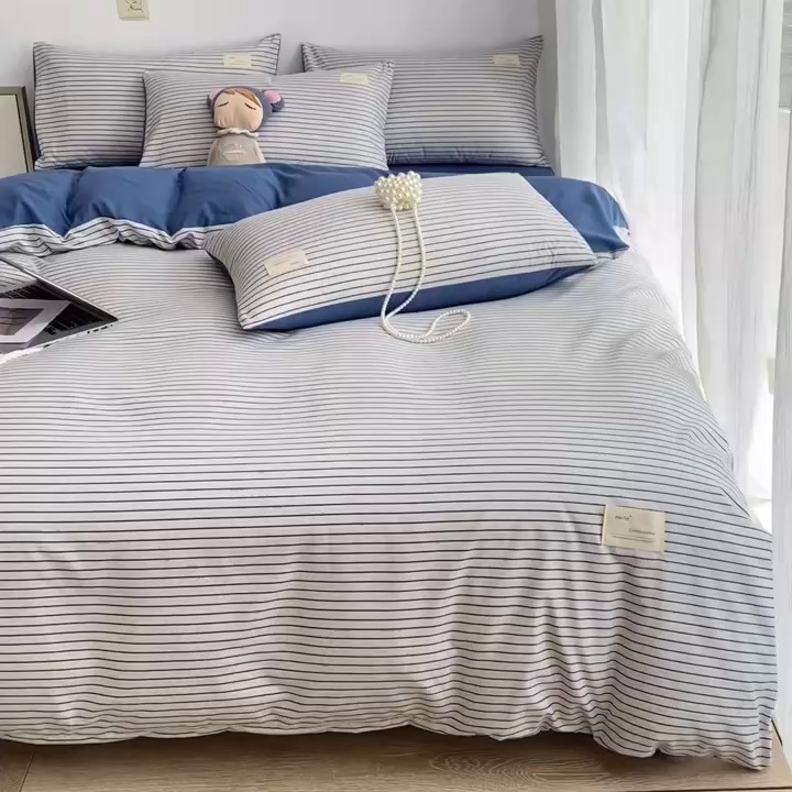 91家纺网 家纺一手货源 找家纺 雅阁尔家纺2025新款无印良品风棋盘格贴标四件套 白条蓝