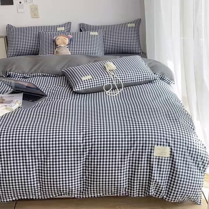 91家纺网 家纺一手货源 找家纺 雅阁尔家纺2025新款无印良品风棋盘格贴标四件套 黑白小格