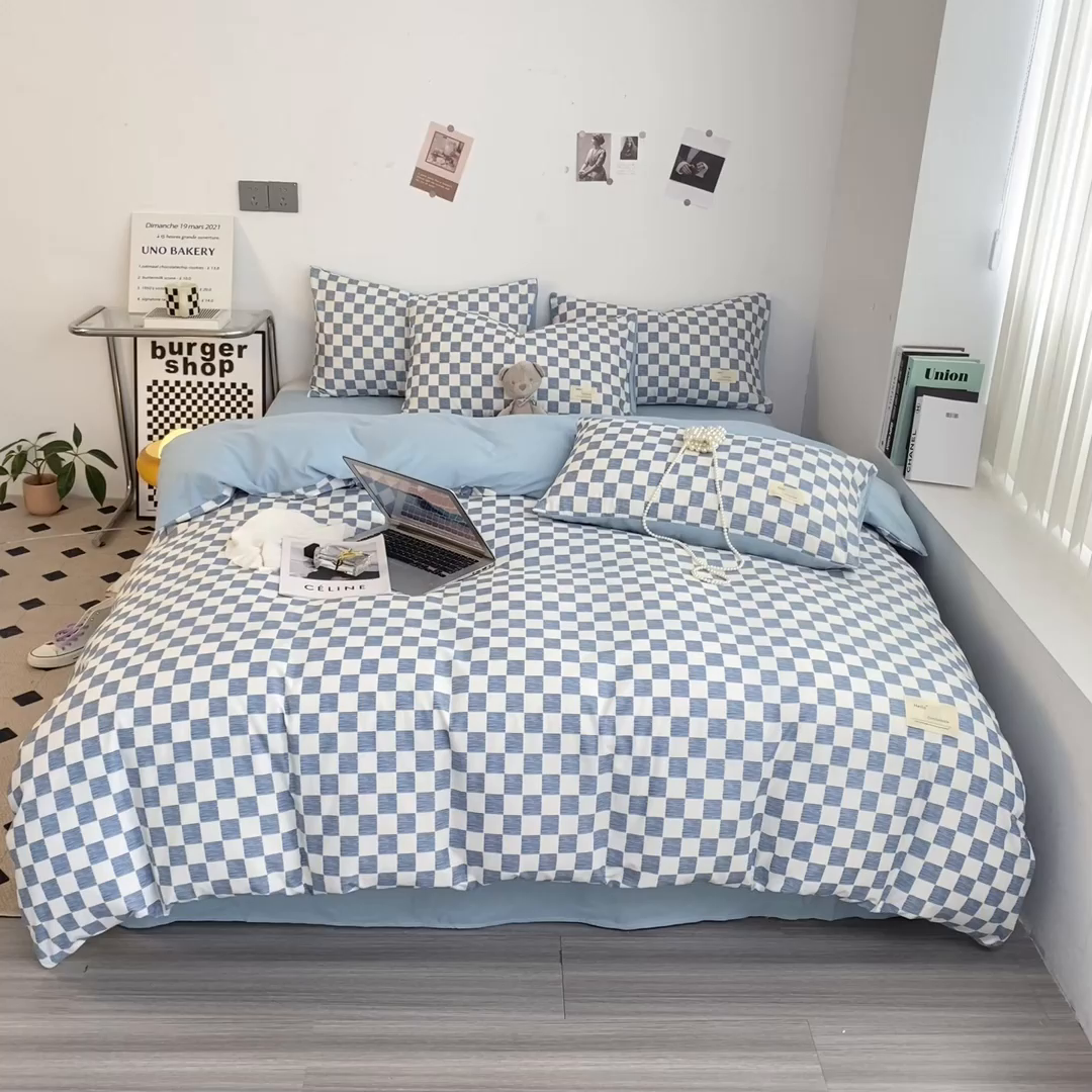 91家纺网 家纺一手货源 找家纺 雅阁尔家纺2025新款无印良品风棋盘格贴标四件套 琥珀蓝