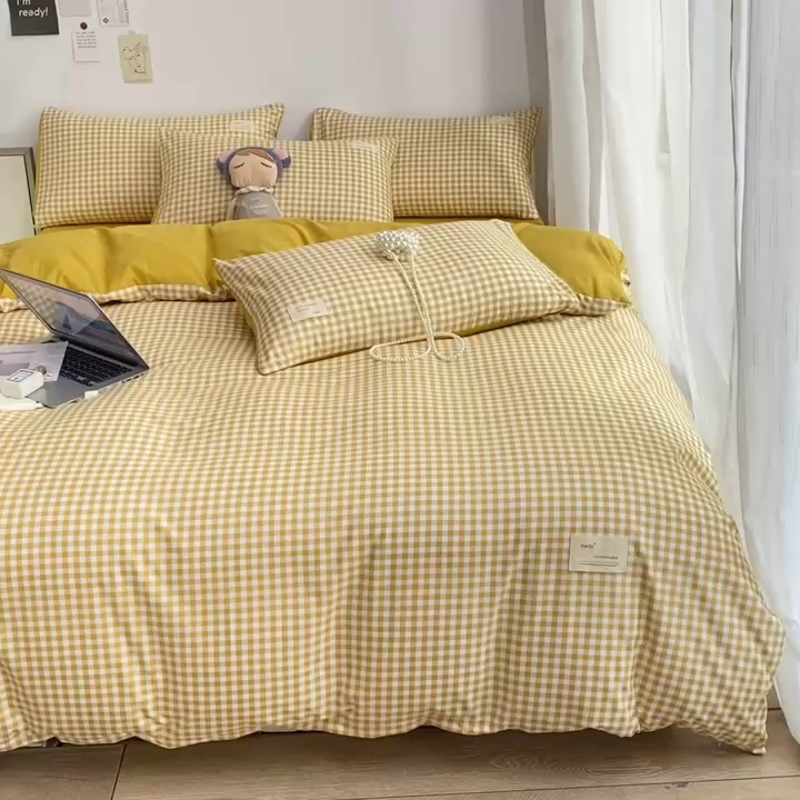 91家纺网 家纺一手货源 找家纺 雅阁尔家纺2025新款无印良品风棋盘格贴标四件套 黄小格