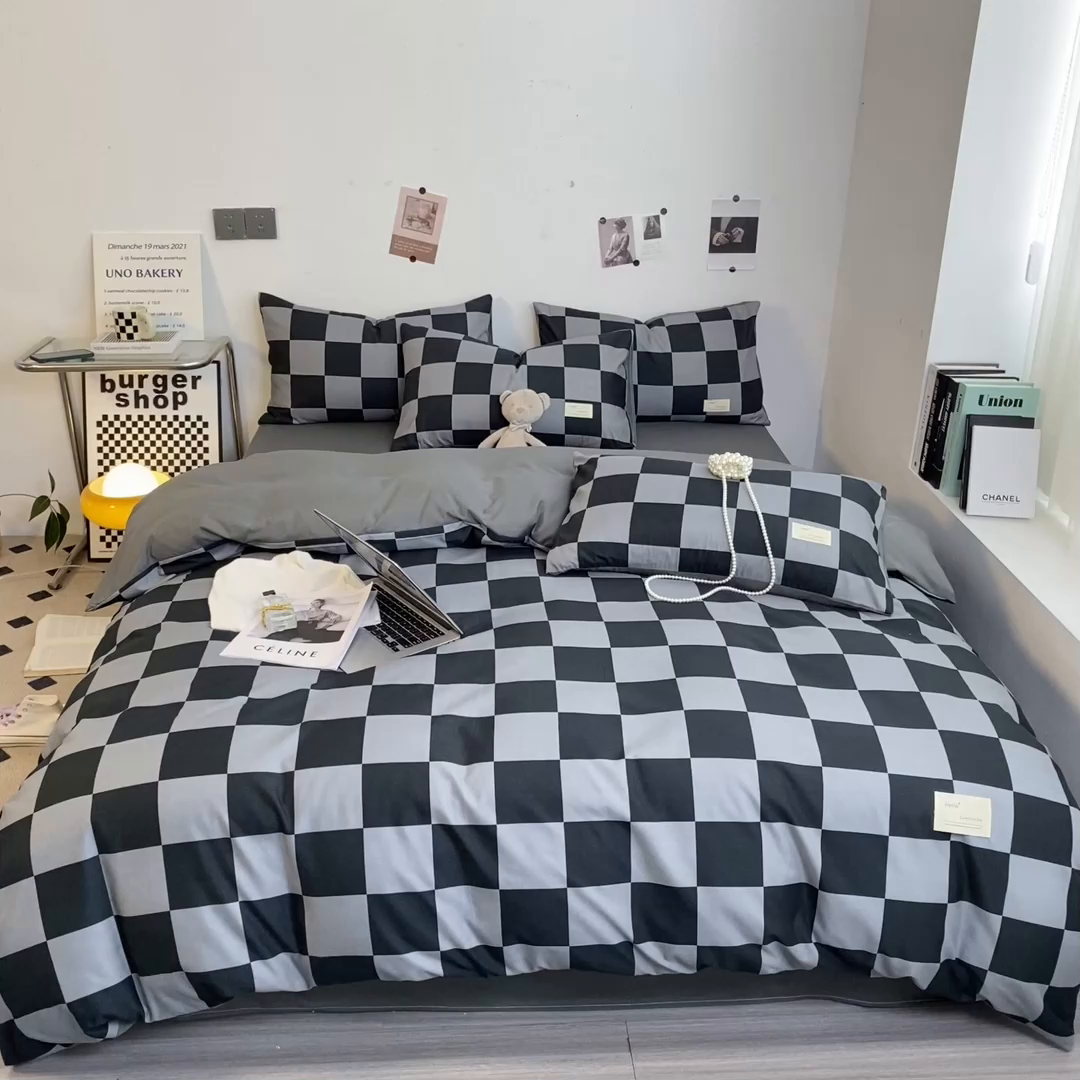 91家纺网 家纺一手货源 找家纺 雅阁尔家纺2025新款无印良品风棋盘格贴标四件套 灰白大格