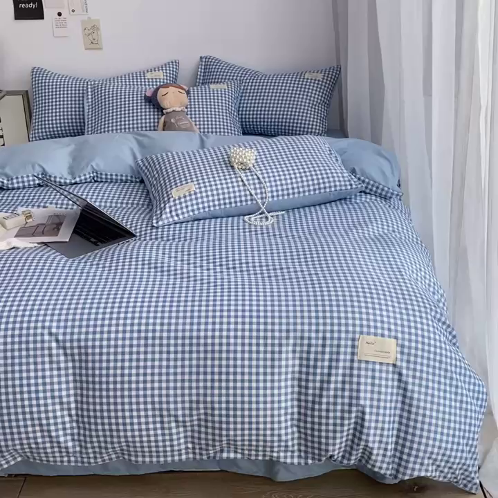 91家纺网 家纺一手货源 找家纺 雅阁尔家纺2025新款无印良品风棋盘格贴标四件套 蓝小格