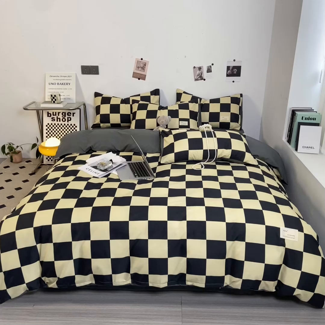 91家纺网 家纺一手货源 找家纺 雅阁尔家纺2025新款无印良品风棋盘格贴标四件套 米卡格