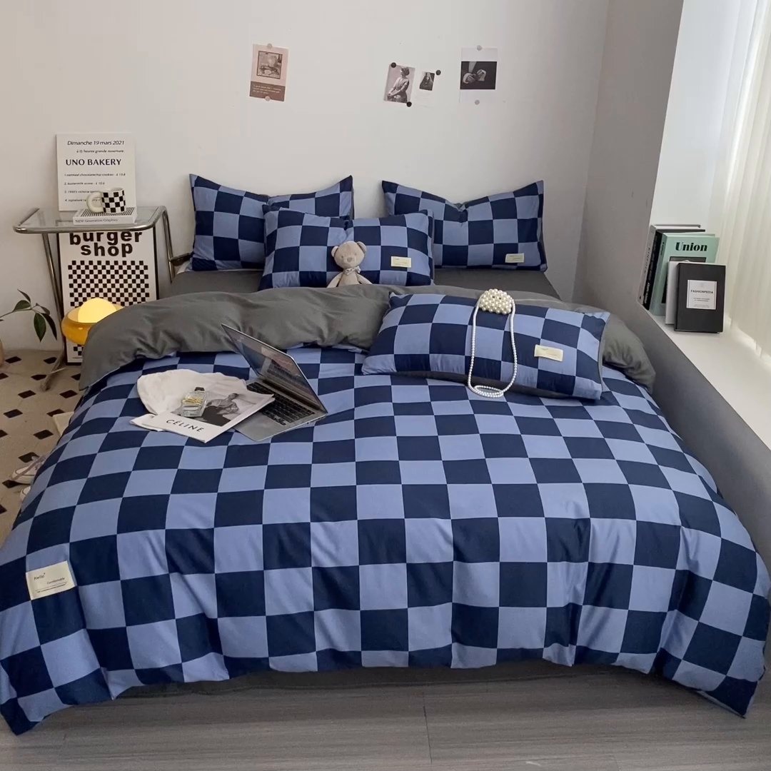 91家纺网 家纺一手货源 找家纺 雅阁尔家纺2025新款无印良品风棋盘格贴标四件套 米兰大格