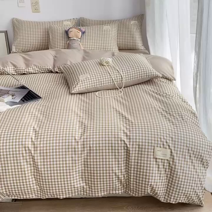 91家纺网 家纺一手货源 找家纺 雅阁尔家纺2025新款无印良品风棋盘格贴标四件套 米小格