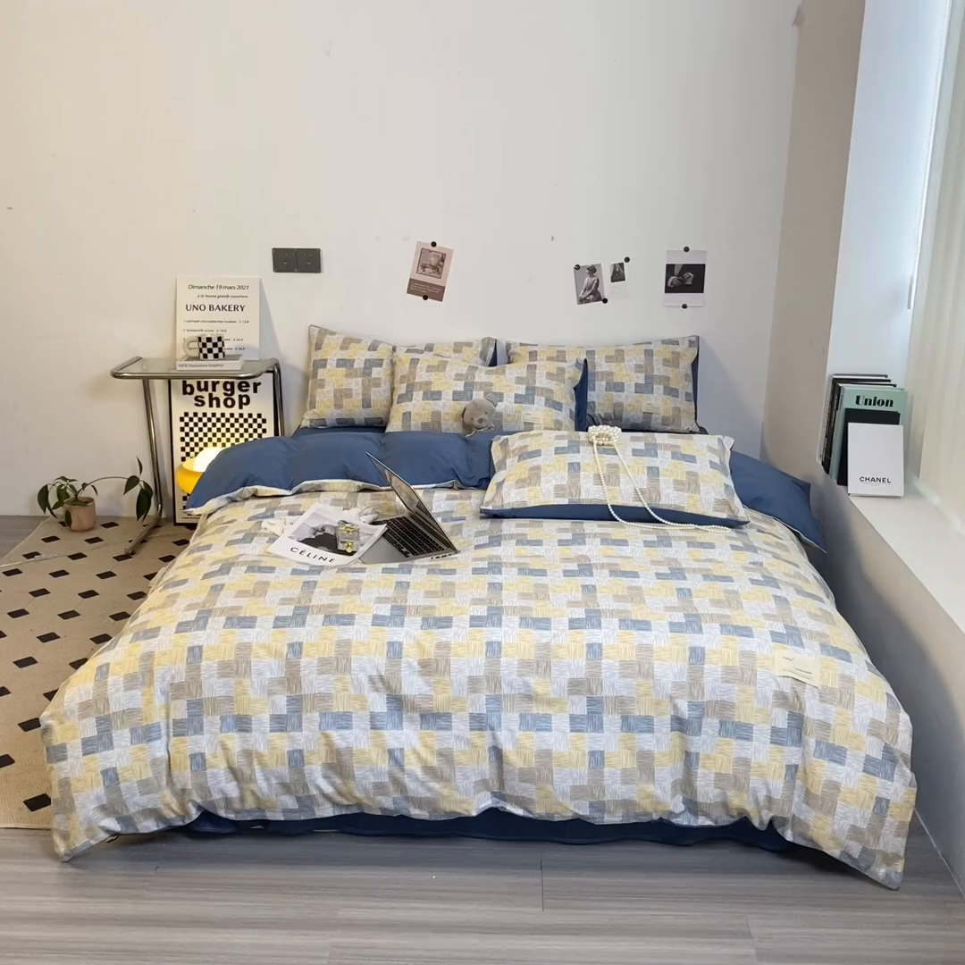 91家纺网 家纺一手货源 找家纺 雅阁尔家纺2025新款无印良品风棋盘格贴标四件套 魔方格