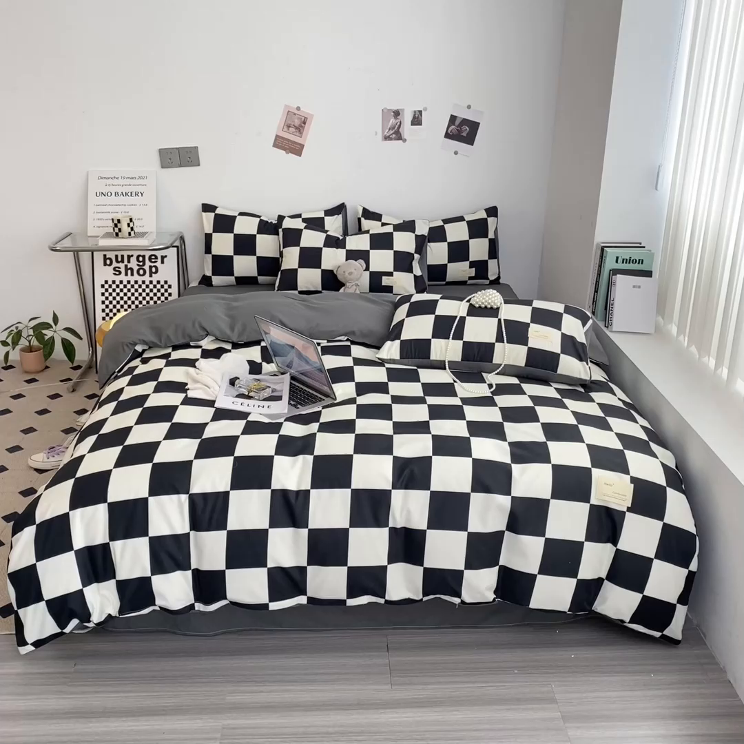 91家纺网 家纺一手货源 找家纺 雅阁尔家纺2025新款无印良品风棋盘格贴标四件套 棋盘格-黑