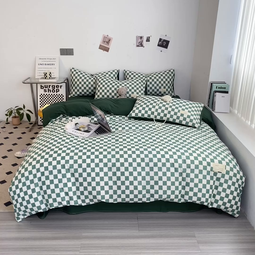 91家纺网 家纺一手货源 找家纺 雅阁尔家纺2025新款无印良品风棋盘格贴标四件套 棋盘格-绿