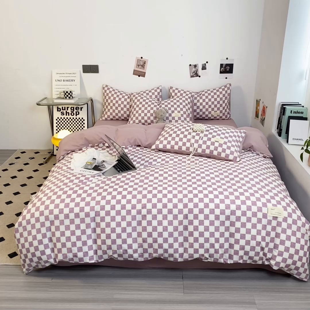 91家纺网 家纺一手货源 找家纺 雅阁尔家纺2025新款无印良品风棋盘格贴标四件套 棋盘格-紫