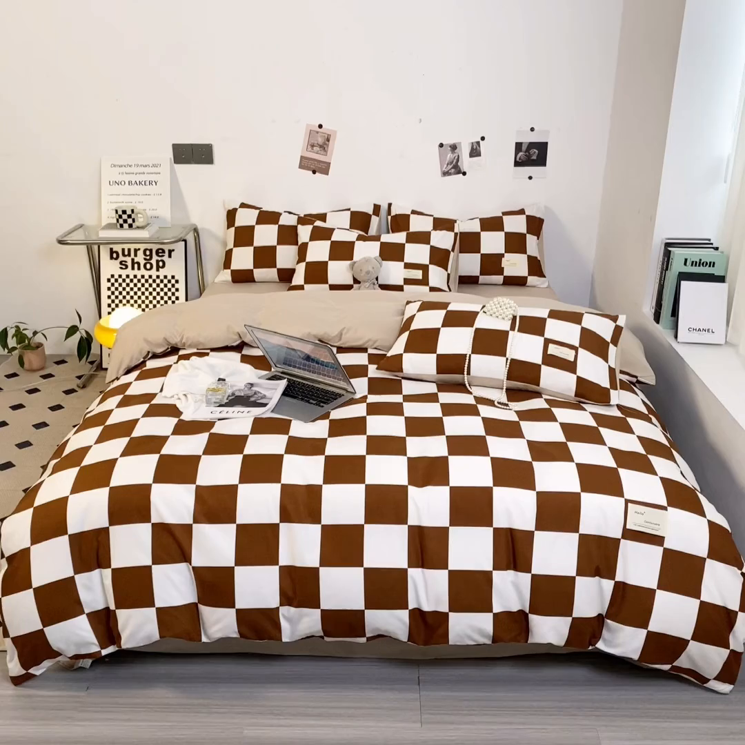 91家纺网 家纺一手货源 找家纺 雅阁尔家纺2025新款无印良品风棋盘格贴标四件套 棋盘格-棕