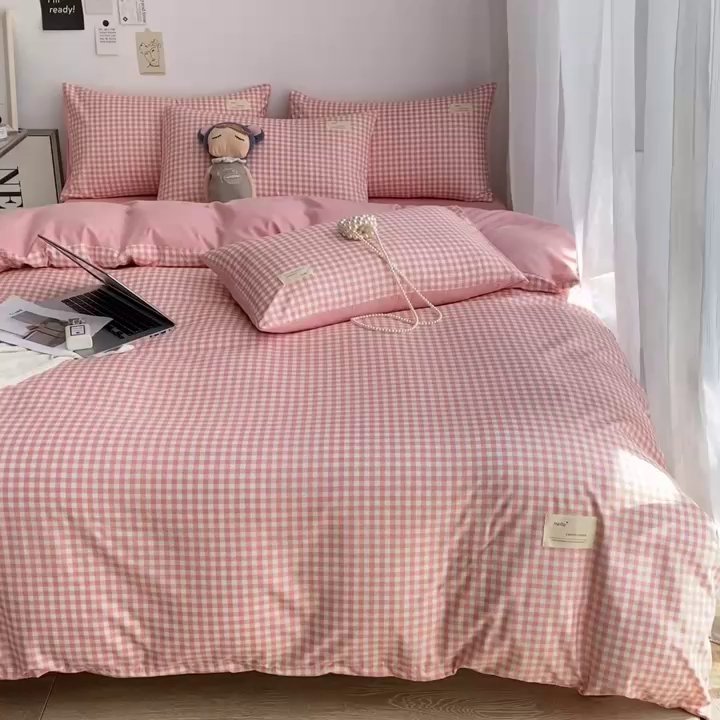 91家纺网 家纺一手货源 找家纺 雅阁尔家纺2025新款无印良品风棋盘格贴标四件套 玉小格