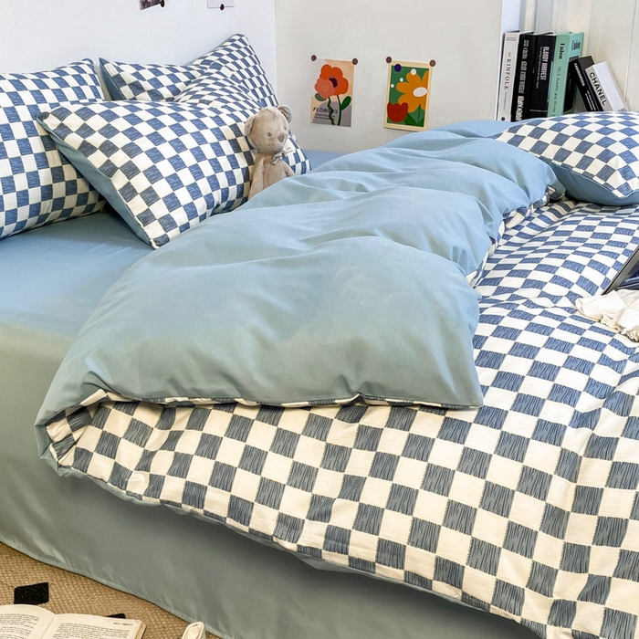 91家纺网 家纺一手货源 找家纺 （总）雅阁尔家纺2025新款无印良品风棋盘格贴标四件套