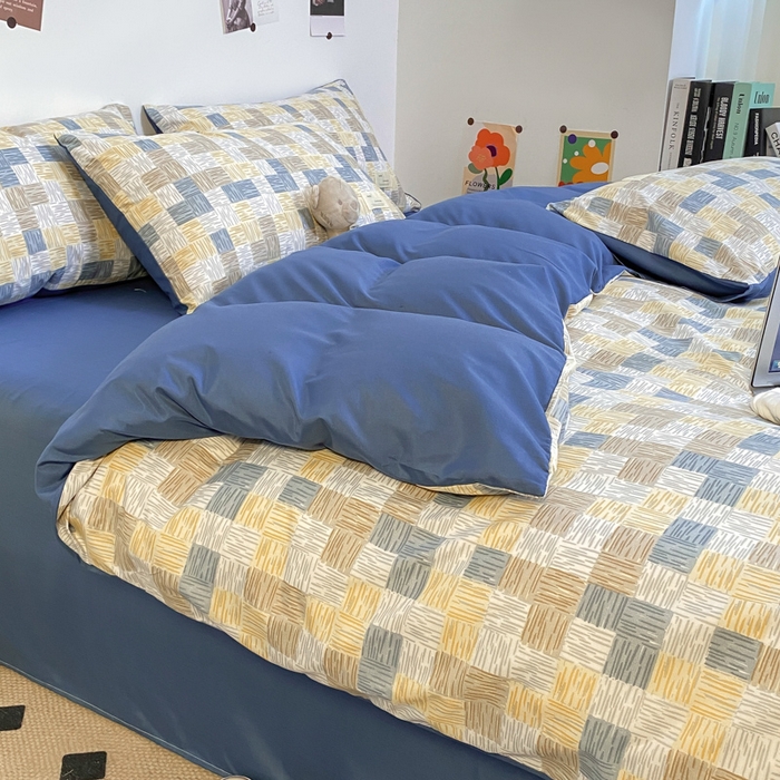 91家纺网 家纺一手货源 找家纺 （总）雅阁尔家纺2025新款无印良品风棋盘格贴标四件套