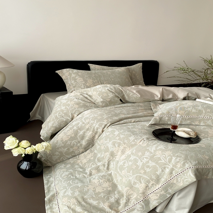 91家纺网 家纺一手货源 找家纺 赫帛 2025新款60支全棉双层纱四件套-藤语 绿灰