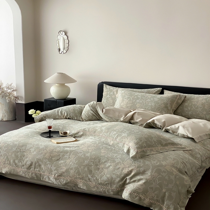 91家纺网 家纺一手货源 找家纺 赫帛 2025新款60支全棉双层纱四件套-藤语 绿灰