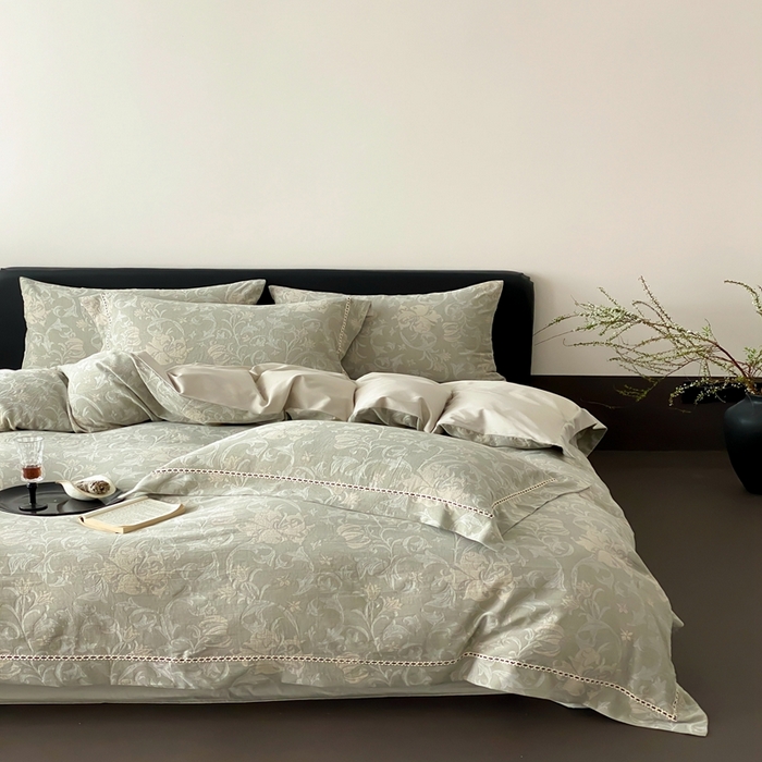 91家纺网 家纺一手货源 找家纺 赫帛 2025新款60支全棉双层纱四件套-藤语 绿灰