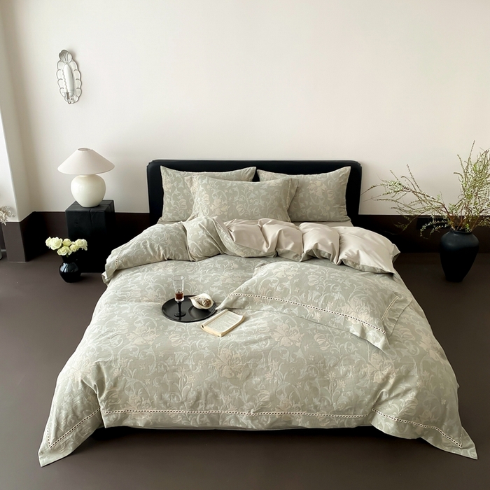 赫帛 2025新款60支全棉双层纱四件套-藤语 绿灰