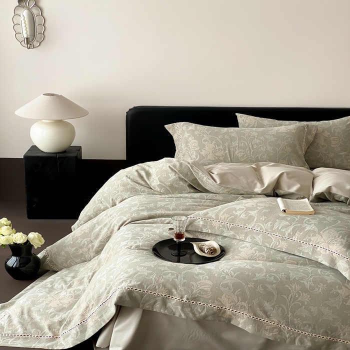 91家纺网 家纺一手货源 找家纺 赫帛 2025新款60支全棉双层纱四件套-藤语 绿灰