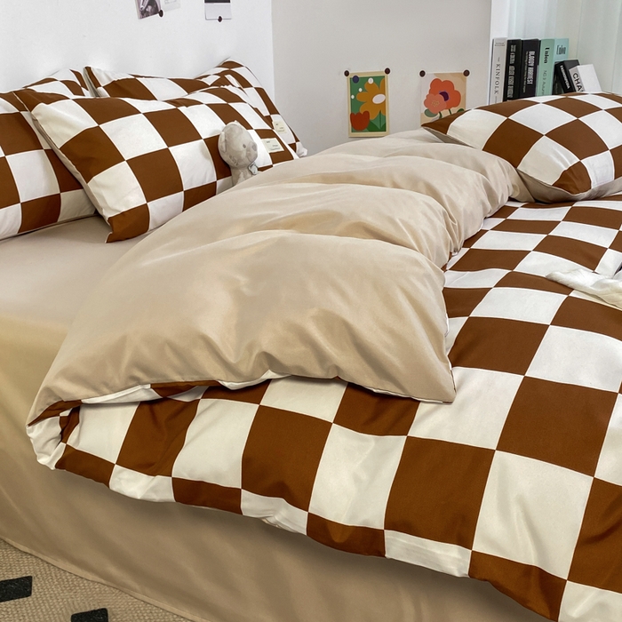 雅阁尔家纺2025新款无印良品风棋盘格贴标四件套 棋盘格-棕