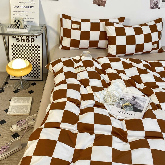 91家纺网 家纺一手货源 找家纺 雅阁尔家纺2025新款无印良品风棋盘格贴标四件套 棋盘格-棕