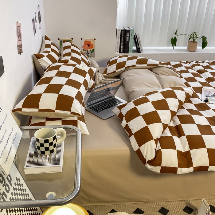 91家纺网 家纺一手货源 找家纺 雅阁尔家纺2025新款无印良品风棋盘格贴标四件套 棋盘格-棕