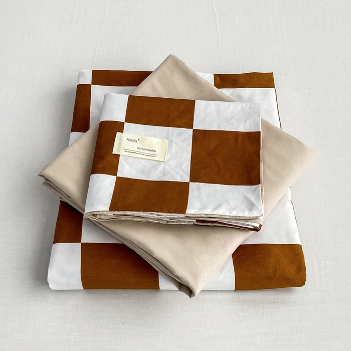 91家纺网 家纺一手货源 找家纺 雅阁尔家纺2025新款无印良品风棋盘格贴标四件套 棋盘格-棕